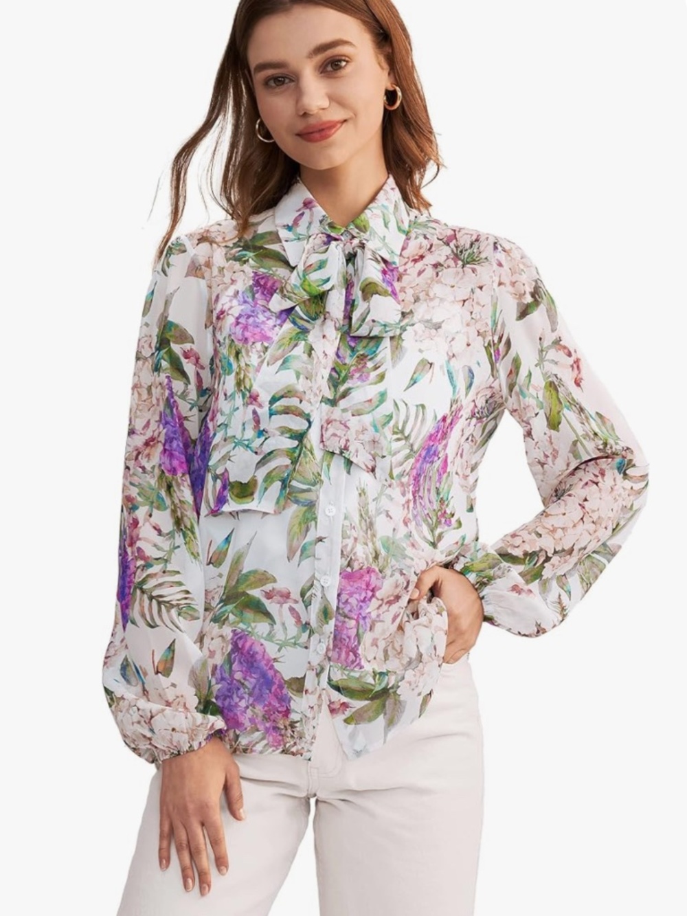 LilySilk X MIM Women's Floral 2 in 1 Silk Blouse Long Sleeve 100% Silk Shirt Top - Picture 2 of 10